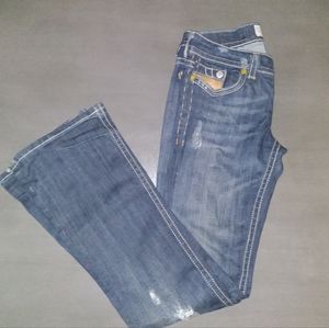 MEK Boulder Distressed Jeans Dark Wash w/ Leather Pocket Trim 26